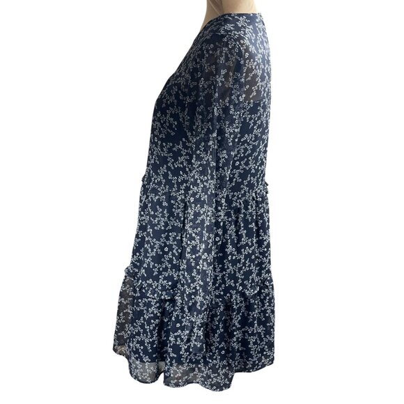 Loft Tiered Dress Navy White Floral Tunic Mini Size XS Extra Small Long Sleeve - Picture 2 of 8